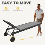 DWVO Outdoor Chaise Lounge Set, 2 Patio Chaise Lounge Chairs with Side Table, Padded Textile Pool Loungers with 5-Level Backrest and Wheels for Beach, Lawn, Porch, Garden (Grey) DWVO