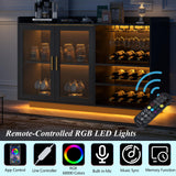 Loomie Wine Bar Cabinet with LED Lights, Floating Coffee Bar with Glass Rack and Removable Wine Racks, Modern Buffet Sideboard with Storage Shelves, Kithchen Bar with Glass Cabinet Doors, Black Loomie