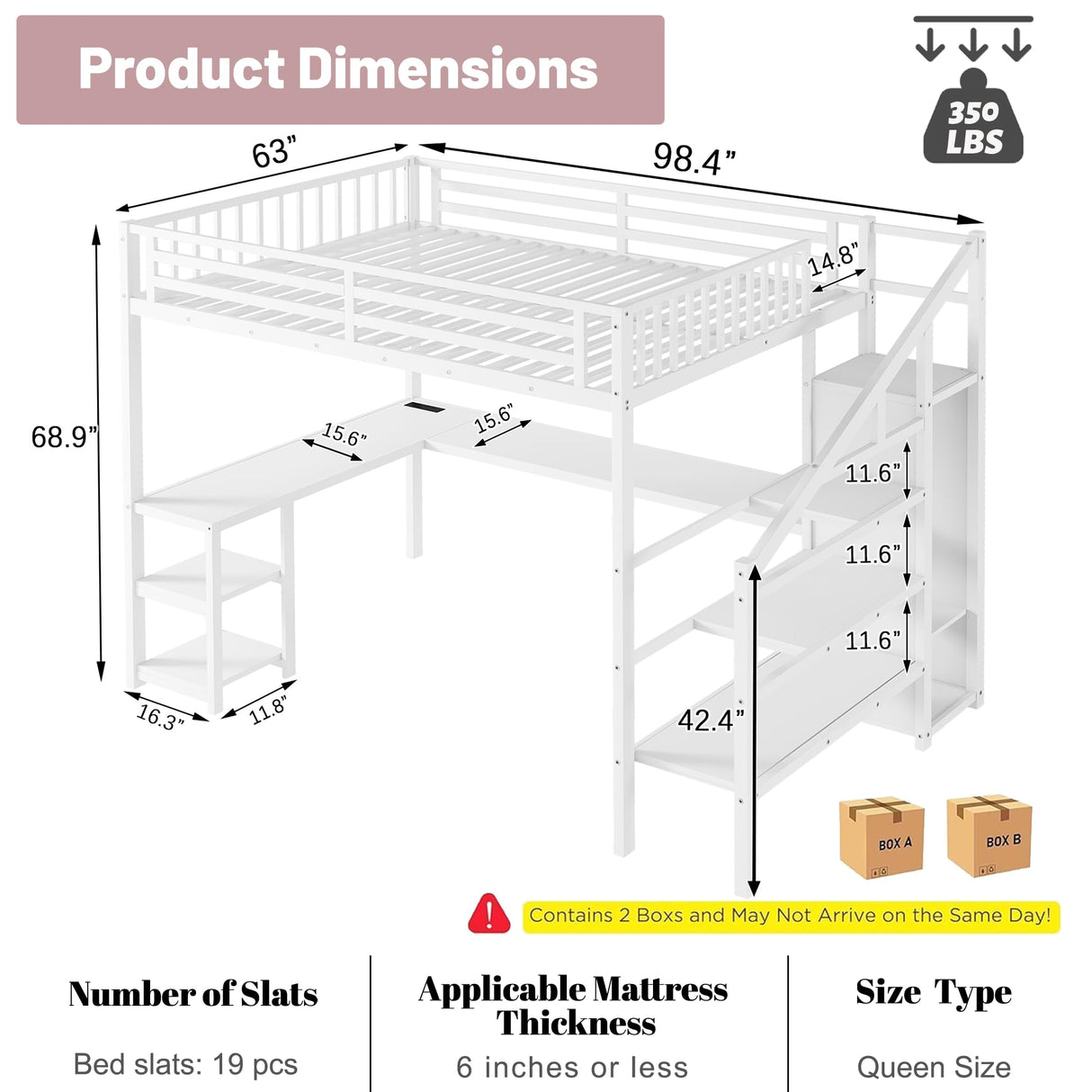 Queen Size Loft Bed with Desk,Metal Heavy Duty Queen Loft Beds with Stairs,Wardrobe and Shelves, High Gaming LoftBed with LED Light and USB Charging Station for Adults,Teens, White Mirightone