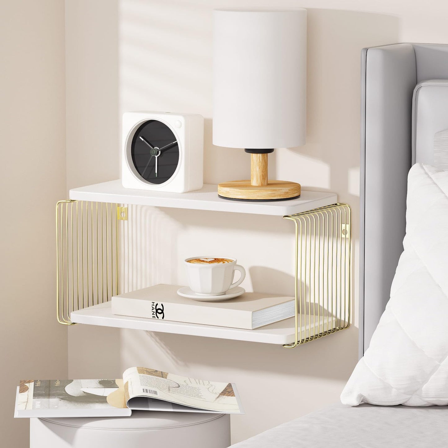 Filano Floating Nightstand White and Gold Wall Mounted Nightstand, Small Bedside Wall Shelves for Bedroom, Wood Floating Bed Side Table/Night Stand 2 Tiers Modern Decor - WoodArtSupply