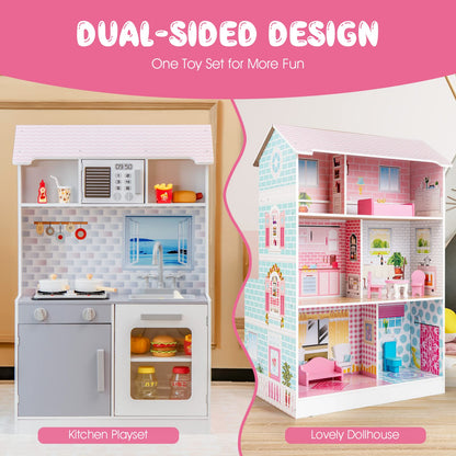 Costzon 2 in 1 Kids Kitchen Playset and Dollhouse, Wooden Double-Sided Pretend Chef Play Set w/Cookware, 3.25 FT High Doll House w/Living Room Bedroom Furniture, Gift for Toddlers Girls Ages  - WoodArtSupply