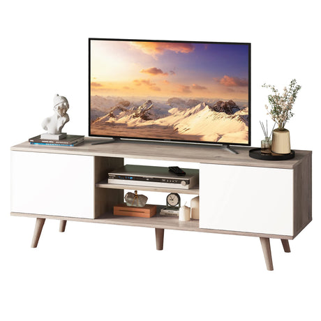 WLIVE TV Stand for 55 60 inch TV, Boho Entertainment Center with Storage Cabinets, TV Console for Living Room Decor, Greige White WLIVE