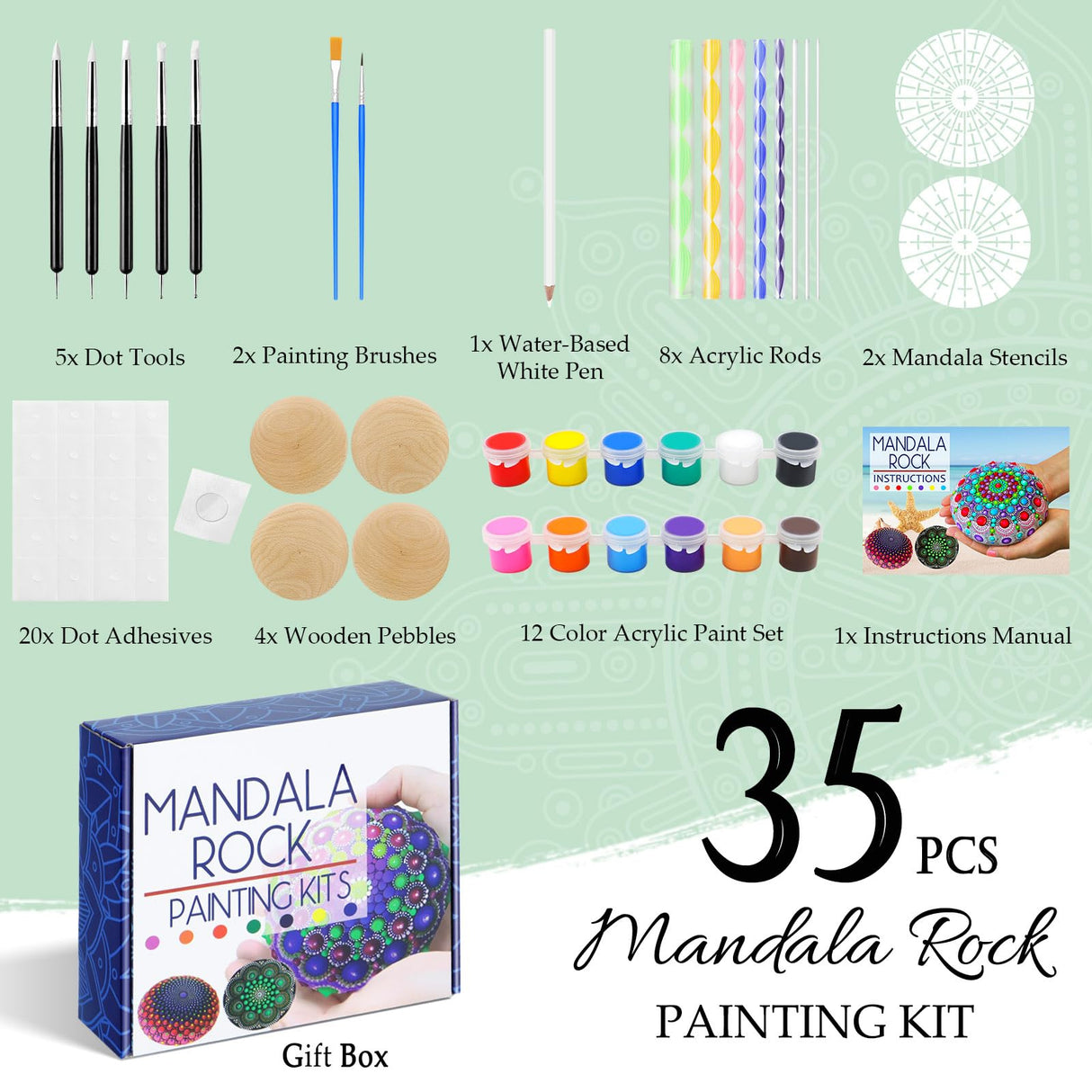 Mandala Rock Painting Arts and Craft Kit for Adults Women - 35 PCS Mandala Dotting Tools Kit - Large Wooden Rocks with Stencils, Acrylic Paints,Dotting Tools - DIY Relaxing and Creative Activity apolyone
