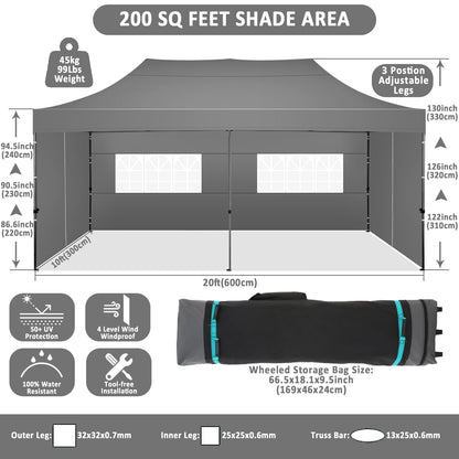 COBIZI 10x20 Pop Up Canopy with 6 Sidewall,Heavy Duty Canopy UPF 50+ All Season Wind Waterproof Commercial Outdoor Wedding Party Tents for Parties Canopy Gazebo with Roller Bag(10 x 20 ft Gray)