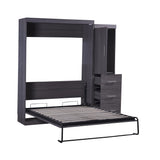 SOFTSEA Full Size Murphy Bed with Wardrobe, Farmhouse Wall Bed Frame with Storage Drawers, Can be Folded into a Cabinet, No Box Spring Needed, Grey SOFTSEA