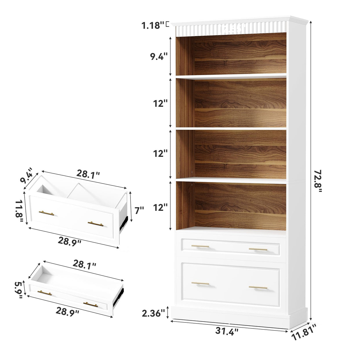 LITTLE TREE 72-Inch Tall White Bookcase, 5-Tier Wooden Open Display Bookshelf with 2 Drawers fits Letter, Legal, A4 Size, Modern Floor Standing Storage Organizer for Home Office & Living Room,Bedroom LITTLE TREE