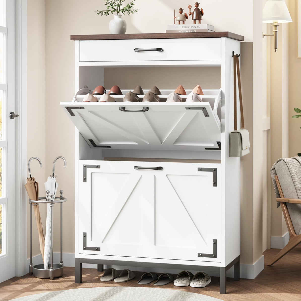 Shoe Cabinet Storage for Entryway Hidden Shoes Storage Cabinet with 2 Flip Drawers, Farmhouse Narrow Shoe Rack Cabinet Slim Free Standing Shoe Organizer Cabinet for Door Entry, Foyer, Hallway, White Jocoevol