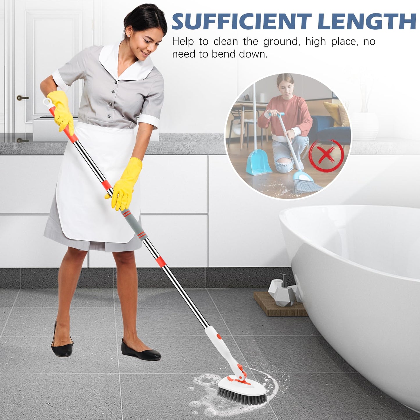 SetSail Floor Scrub Brush, 3-In-1 Tile Tub Floor Scrubber with 52-inch Adjustable Long Handle Shower Cleaner Brush and 3 Detachable Replacement Brush Heads for Cleaning Bathroom Kitchen Walls Tub Tile