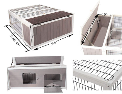 Tortoise House Habitat Wooden, Chicken Coop with Run Rabbit Hutch Small Animal Hutch Enclosure Indoor/Outdoor-Grey + White Trim