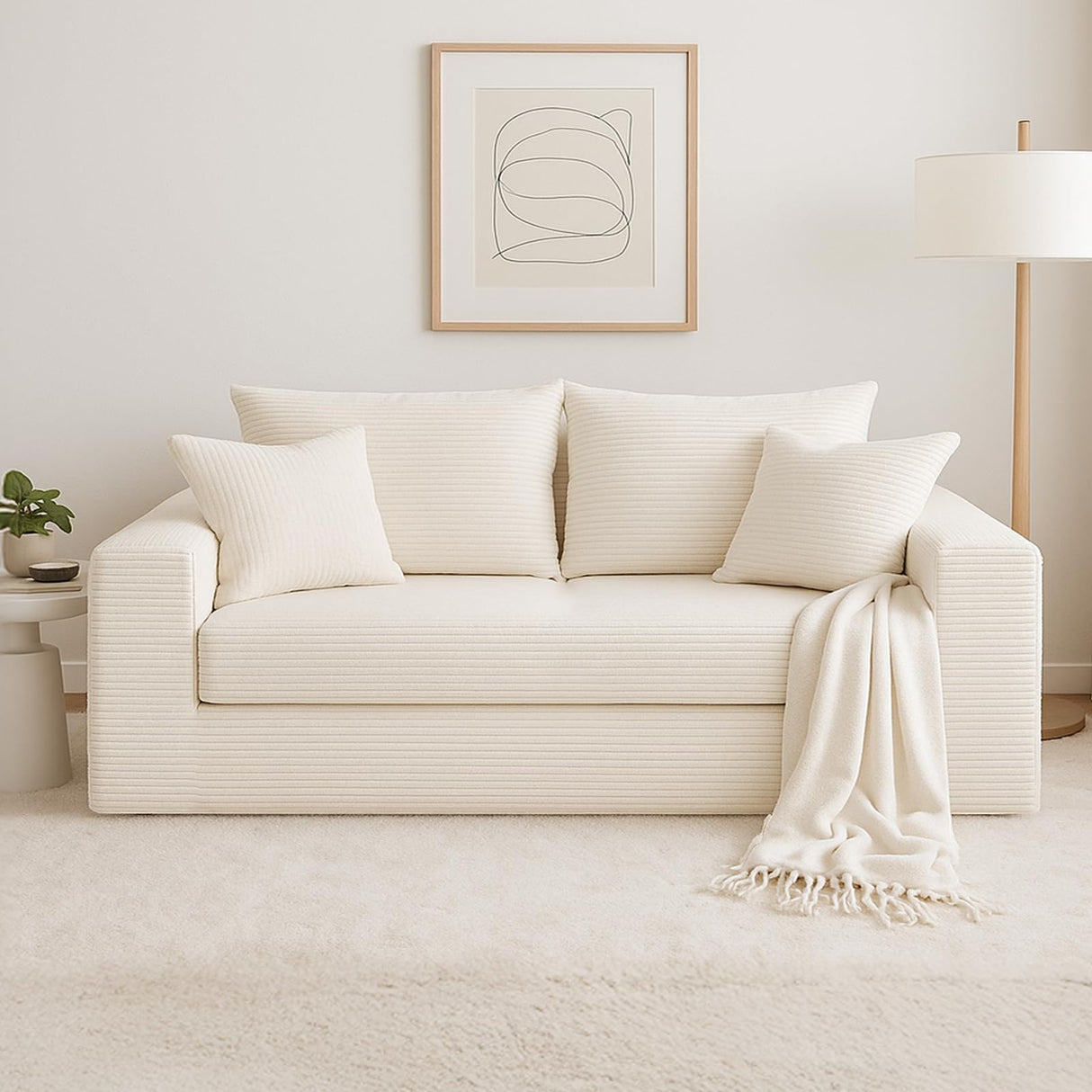 Convertible Sofa Bed, 3 in 1 Loveseat Folding Couch Bed Foldable - Chaise Lounge Chair & Floor Futon Sleeper, Corduroy Pull Out Sofa Bed with 4 Pillows for Living Room, Beige cidludto