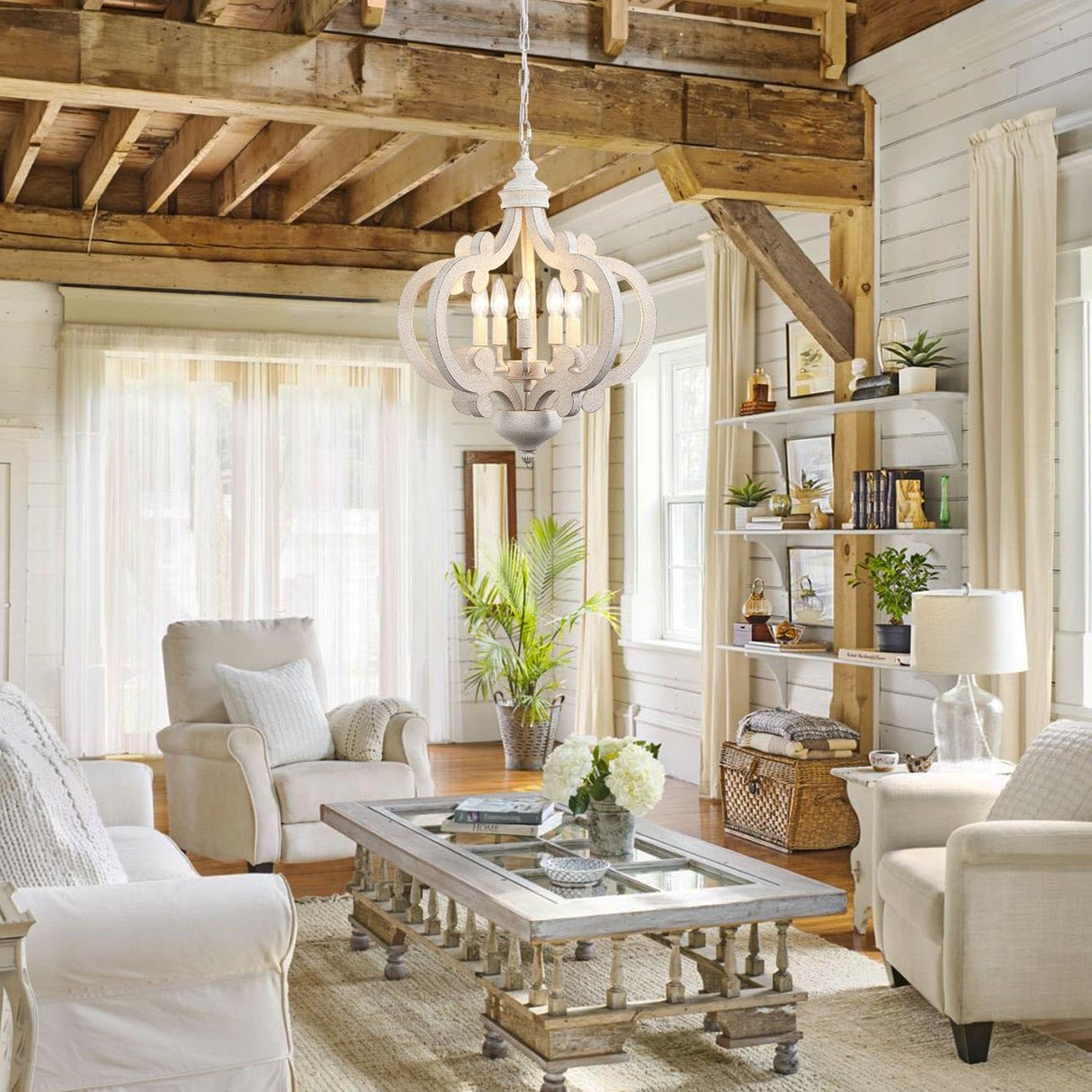 ETONIMERR Wooden French Country Chandelier Light Fixture Ceiling 5-Light, Antique White Farmhouse Chandelier for Dining Room Cottage Rustic Pendant Lighting for Kitchen Island Living Room Bedroom ETONIMERR