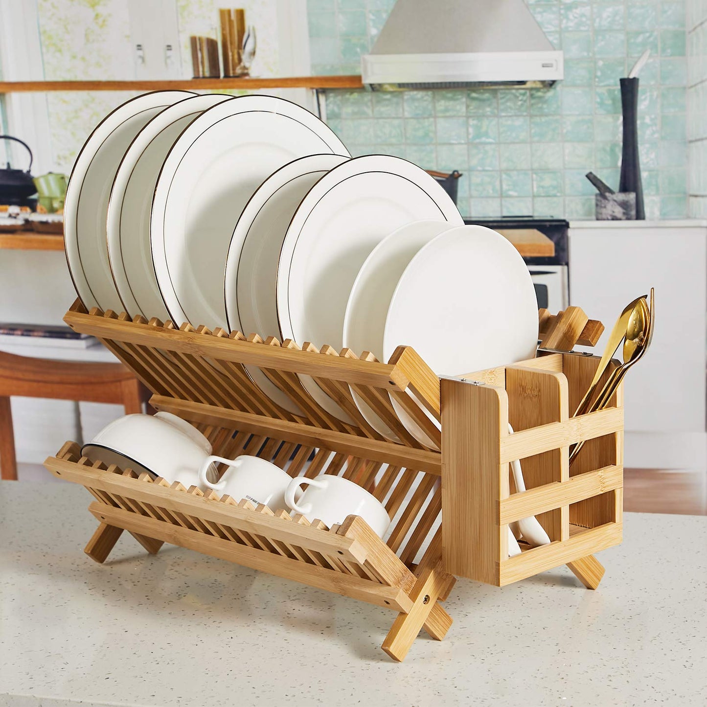 NOVAYEAH Bamboo Dish Drying Rack-2 Tier, Collapsible Small Dish Rack with Utensil Holder, Wooden Drying Rack for Kitchen Counter, Apartment Essentials Kitchen Plate Holder, Kitchen Organizati - WoodArtSupply