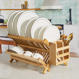 NOVAYEAH Bamboo Dish Drying Rack-2 Tier, Collapsible Small Dish Rack with Utensil Holder, Wooden Drying Rack for Kitchen Counter, Apartment Essentials Kitchen Plate Holder, Kitchen Organization NOVAYEAH