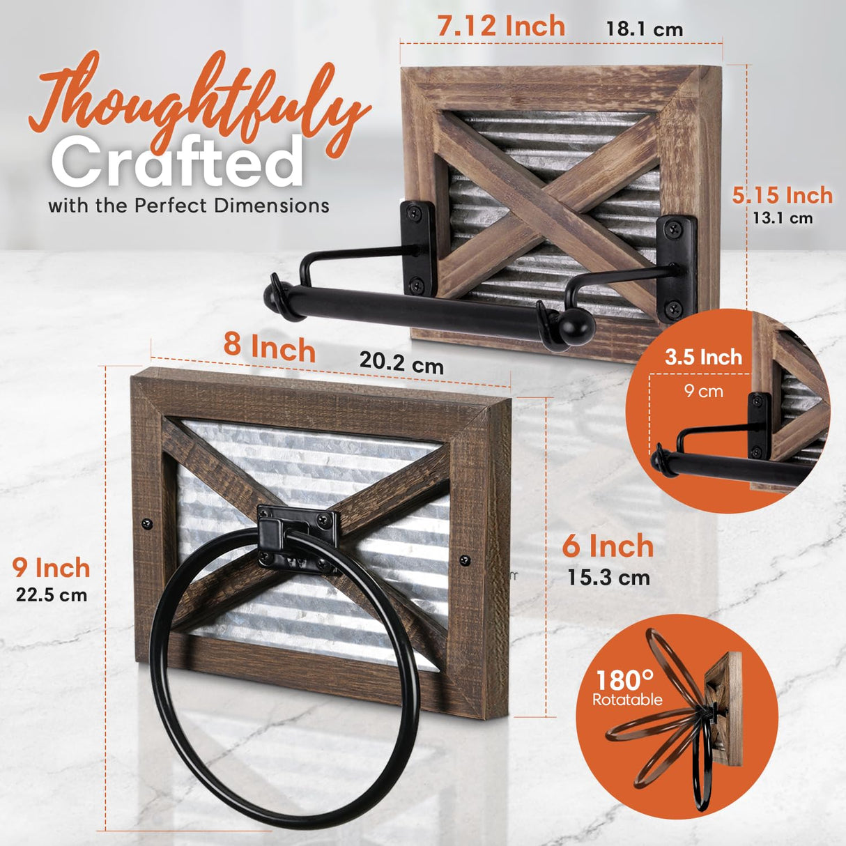 Autumn Alley Farmhouse Toilet Paper Holder and Rustic Towel Holder Set, Wall Mount, Rustic Wall Toilet Paper Holder and Bathroom Hand Towel Holder Decor, Wooden Brown Autumn Alley