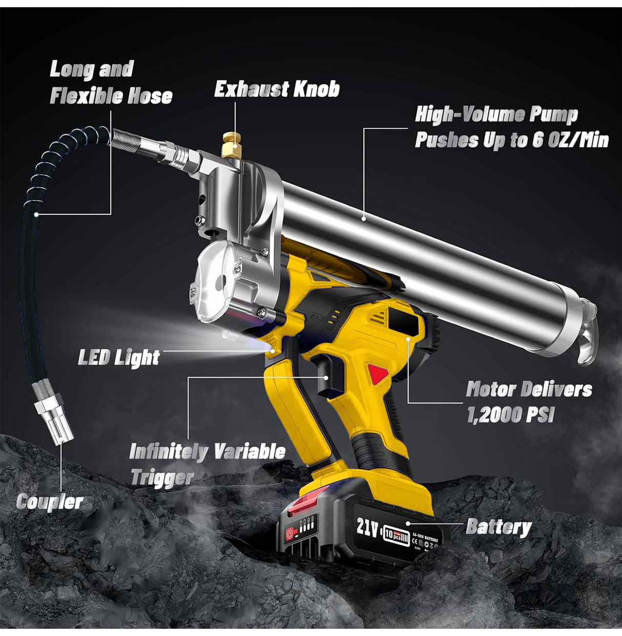 NAOKEV Lithium Battery Grease Gun Cordless Suitable for Dewalt 20V Max Battery (NO Battery) with 18” Spring Flex Hose, 10000 PSI High Pressure Quick Release Grease (for DeWalt Battery) NAOKEV