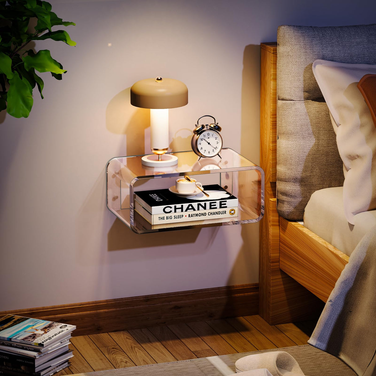 Dewrhiixe Acrylic Floating Nightstand, Bedside Table, Nightstand Shelf Wall Mounted Bedside Shelf (Clear, Small) Dewrhiixe