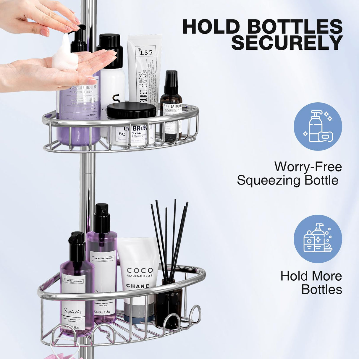 Corner Shower Caddy Tension Pole: Stainless Steel Rustproof 4-Tier Shower Organizer - 47-121 inch Adjustable Bathroom Shelves for Bathtub Shampoo Storage - Tension Rod Floor Standing Bath Rack -Silver ESSEME