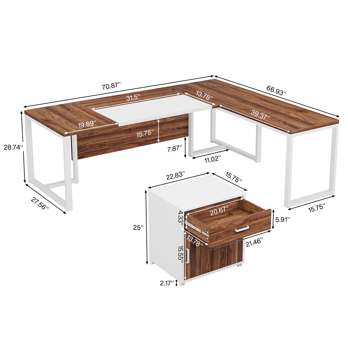 Tribesigns 70.8-Inch Executive Desk with Mobile File Cabinet, Large L Shaped Computer Desk with Storage Cabinet, L-Shaped Desk with Drawer Cabinet for Home Office, Walnut & White Tribesigns