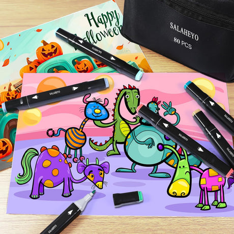 SALAHEYO 80 Colors Alcohol Markers with Base Art Drawing Markers Set for Adults Painting,Coloring,Sketching, Comics, Illustration- Refillable SALAHEYO