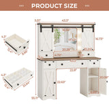 DICTAC Farmhouse Makeup Vanity Desk with Lighted Mirror & Power Strips, Vanity Table with Sliding Barn Door Hidden Shelves & 5 Drawers & 2 Cabinets, White Dressing Table for Bedroom, Lights Adjustable DICTAC