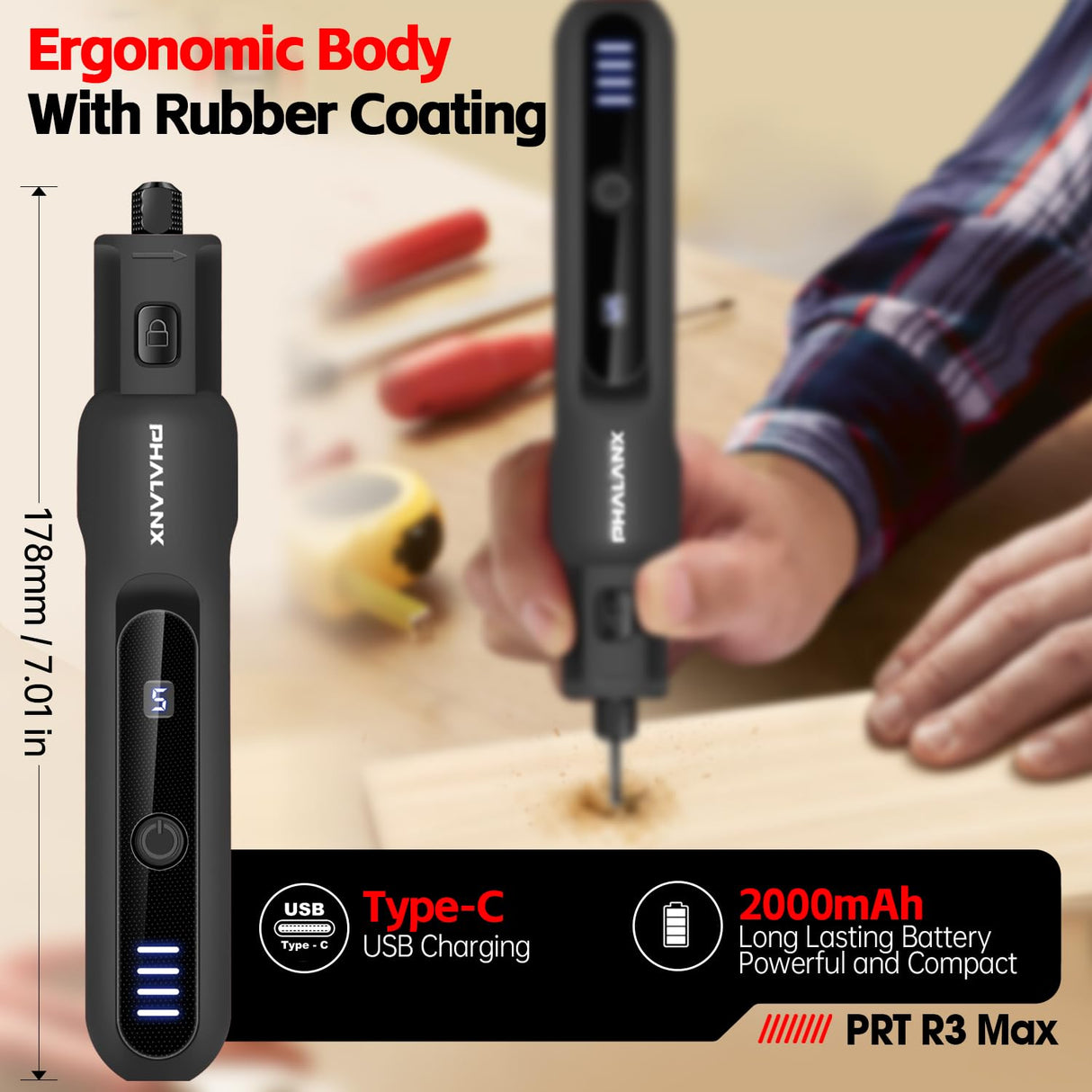 Rotary Tool - 3.7V Cordless Rotary Tool Kit LED Ring Work Light, 2.0Ah Li-ion Battery 5 Speed 70 Accessories Power Rotary Tools 20000RPM,Mini Rotary Tool Cordless for Light DIY Projects/Precision Work PHALANX