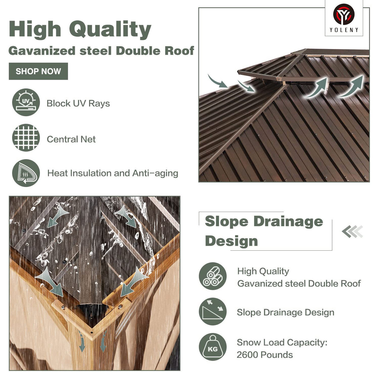 YOLENY 12' x 20' Hardtop Gazebo Wood Grain Gazebo with Galvanized Steel Double Roof, Aluminum Frame, Outdoor Patio Hardtop Gazebo with Netting and Curtains for Deck, Backyard, Patio, Lawns YOLENY