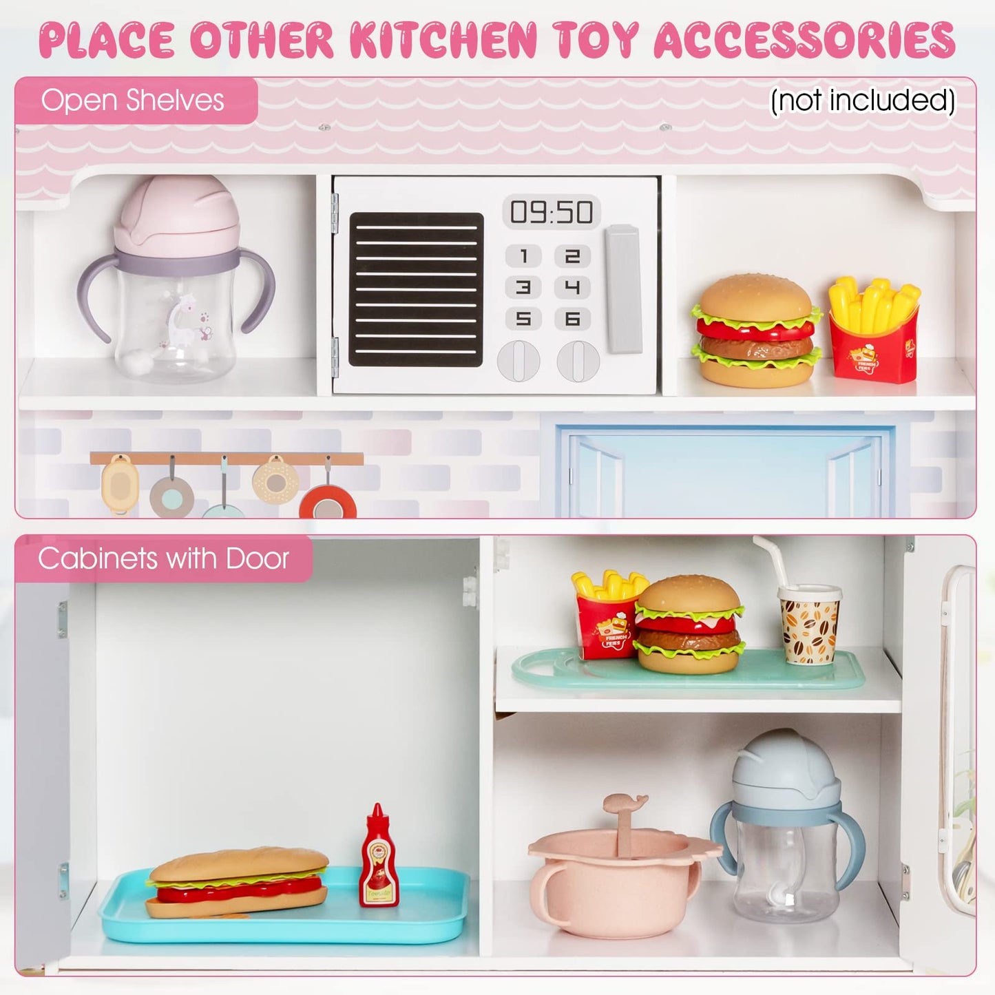 Costzon 2 in 1 Kids Kitchen Playset and Dollhouse, Wooden Double-Sided Pretend Chef Play Set w/Cookware, 3.25 FT High Doll House w/Living Room Bedroom Furniture, Gift for Toddlers Girls Ages  - WoodArtSupply