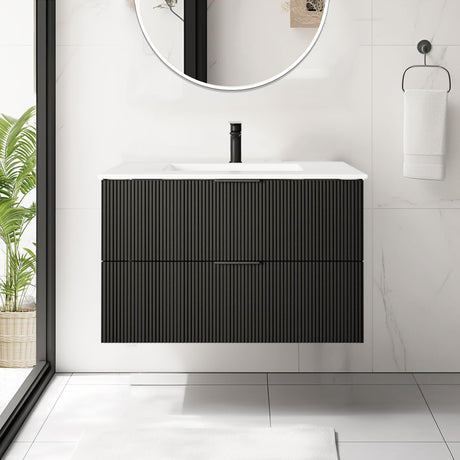 JINDOLI 36 Inch Bathroom Vanity Cabinet with Sink Black Wall Mounted Bathroom Vanities with Ceramic Sink Floating Fluted Sink Vanity with Drawers,Modern JINDOLI