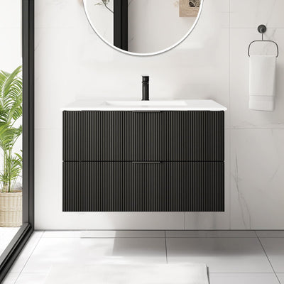 JINDOLI 36 Inch Bathroom Vanity Cabinet with Sink Black Wall Mounted Bathroom Vanities with Ceramic Sink Floating Fluted Sink Vanity with Drawers,Modern