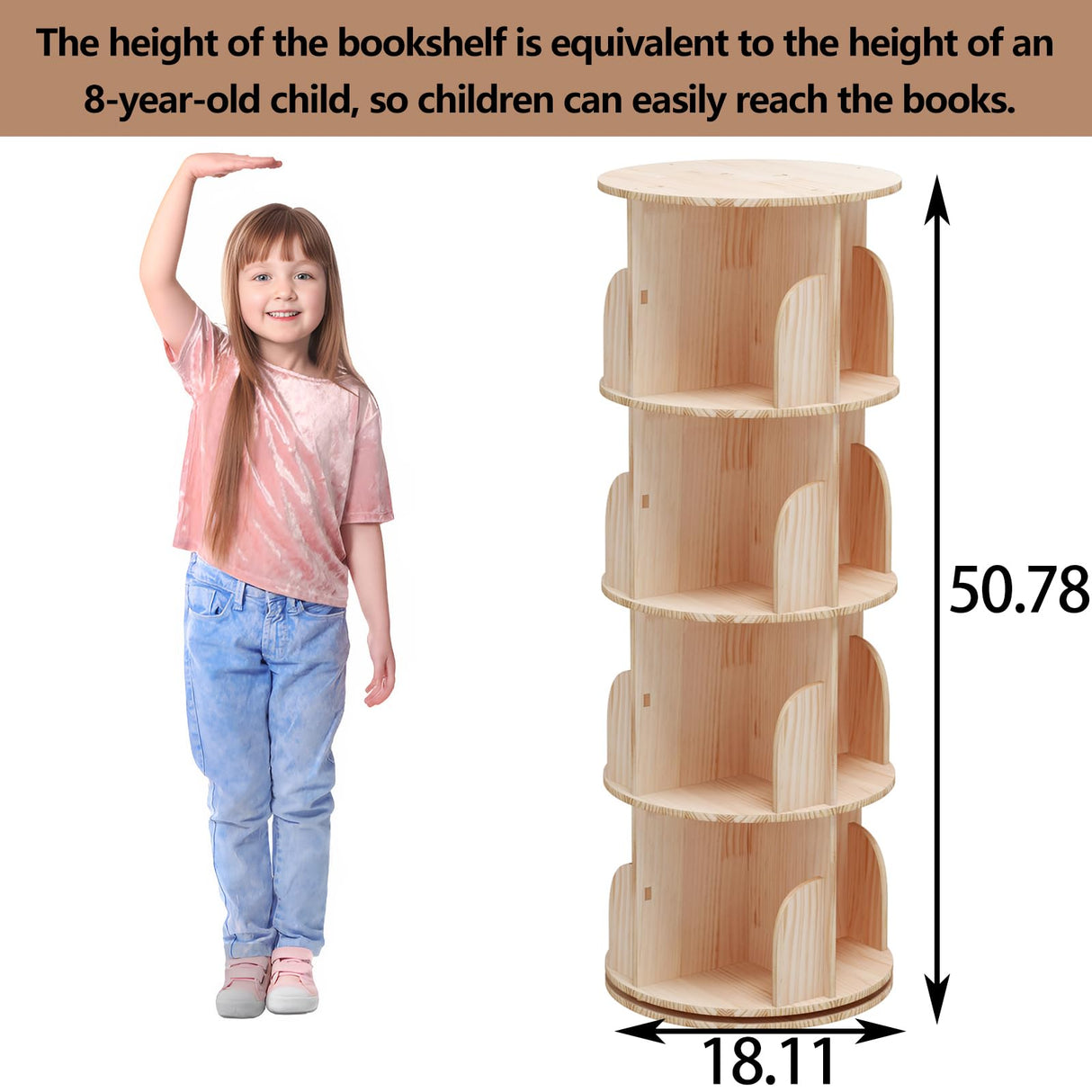 Lexza 4-Tier 360° Rotating Bookshelf - Sturdy Wood Bookcase for Kids and Adults Lexza