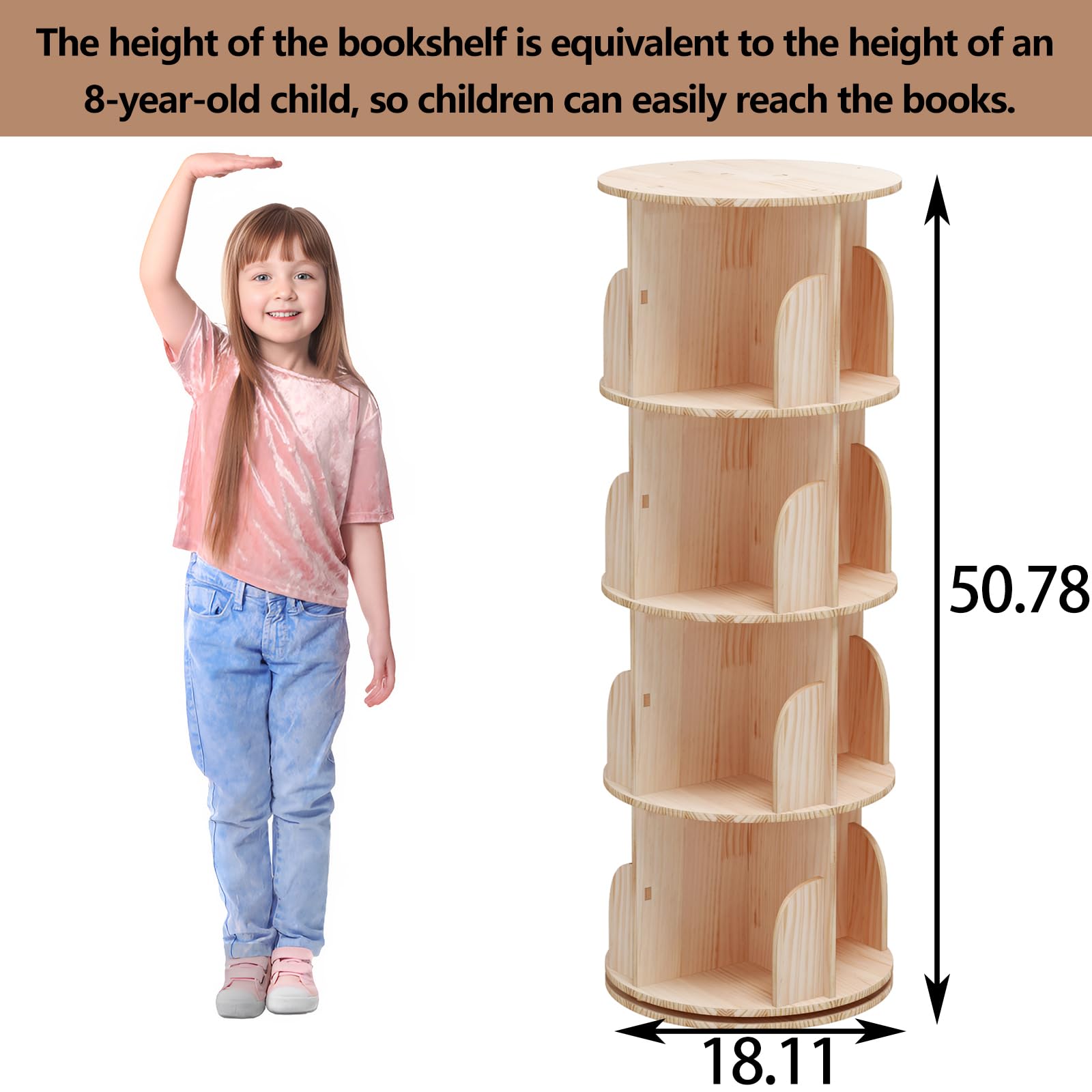 Lexza 4-Tier 360° Rotating Bookshelf - Sturdy Wood Bookcase for Kids and Adults - WoodArtSupply