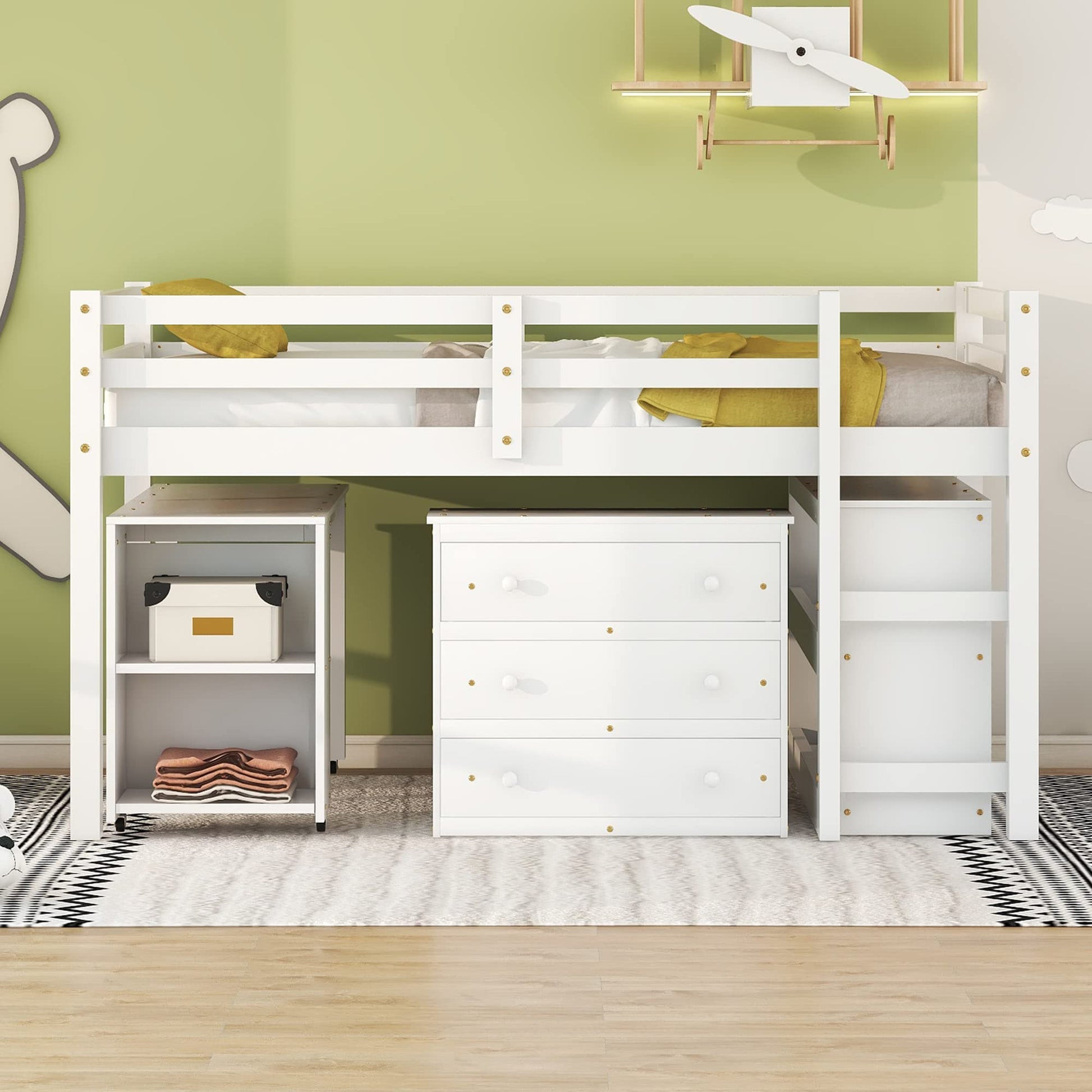 Low Full Loft Bed with Desk & Storage - Modern White Design by Bellemave - WoodArtSupply