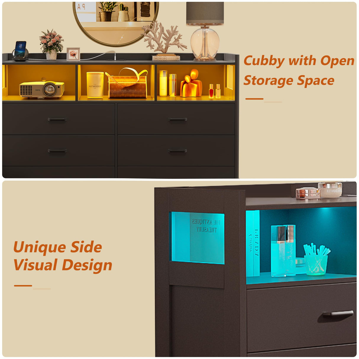 Alohappy Black Dressers for Bedroom, 6 Drawer Dressers with Lights, Wooden Dresser with Power Strip for Adults/Kids, Bedroom, Living Room, Entryway, Hallway Alohappy