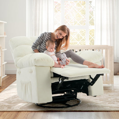 Tioutbot Rocking Recliner Chair with 360° Swivel, Upholstered Fabric Glider Recliner with Side Pockets, Q235 Steel Frame Single Sofa for Living Room, Nursery & Small Spaces – Beige Tioutbot