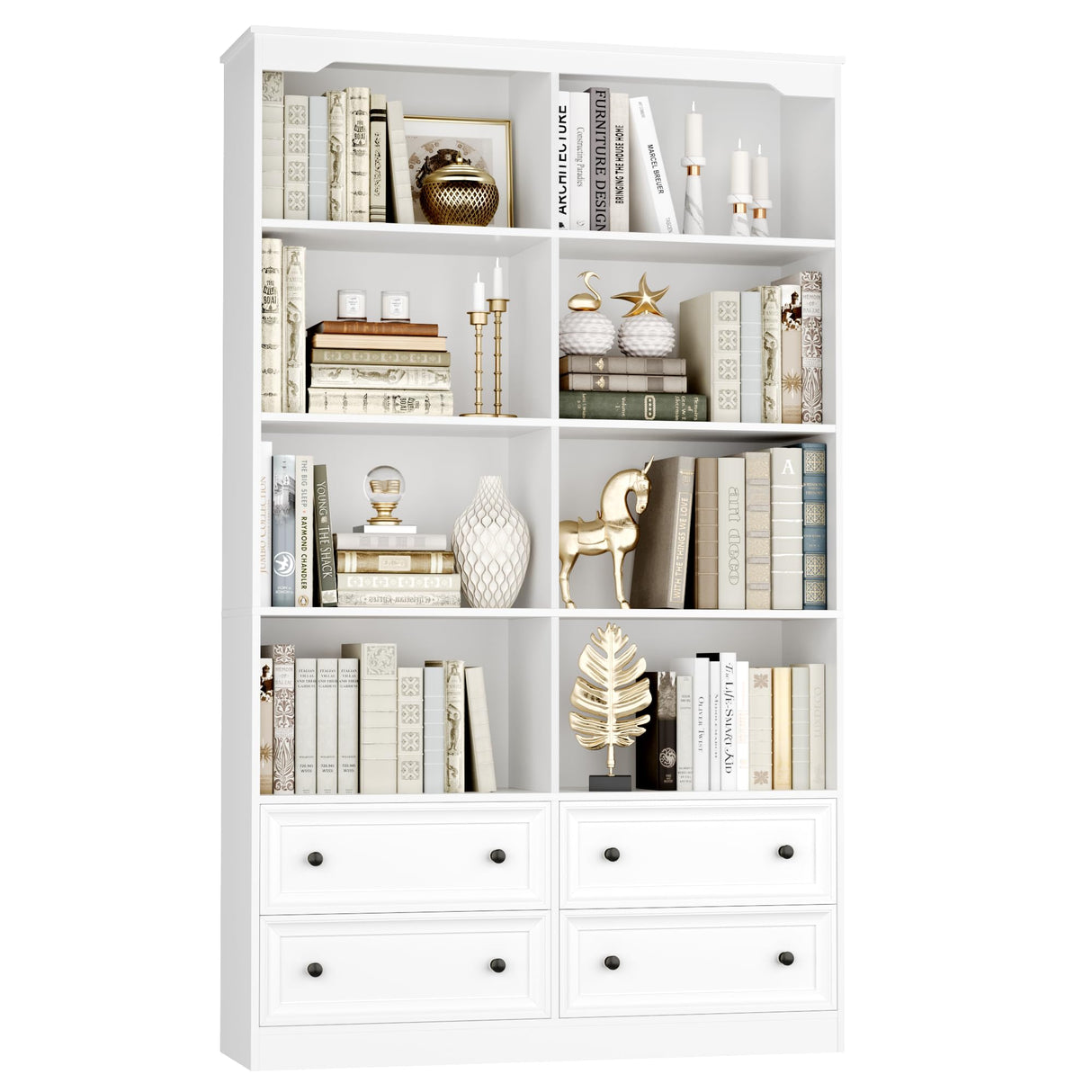 FINETONES 71" Tall Bookshelf with 4 Drawers, 6-Tier Double Wide Bookshelf and Bookcase with Storage, White Bookshelf Large Open Bookshelf Standing Book Cabinet for Home Office, White FINETONES
