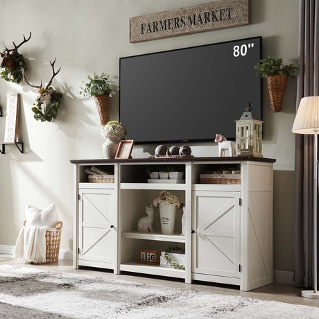 IFGET Farmhouse TV Stand for TVs Up to 80 inches, 39" Tall Highboy Entertainment Center w/Barn Door, Large Wood Rustic TV Console Cabinet w/Adjustable Shelves for Living Room, 70inch, White IFGET