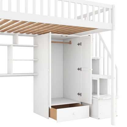 Harper & Bright Designs White Full Size Loft Bed with Integrated Storage and Workspace - WoodArtSupply