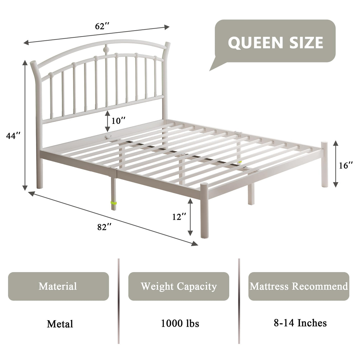 Feonase Queen Size Metal Bed Frame with Retro Headboard, Hardened Steel Tube, 12" Under-Bed Storage, No Box Spring Needed, Easy Assembly, White Feonase