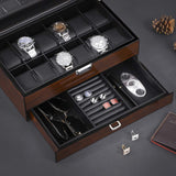 BEWISHOME 12 Watch Box with Valet Drawer, Luxury Watch Case,Watch Organizer for Mens Accessories with Real Glass Top,Metal Hinge, Brown SSH02Y BEWISHOME