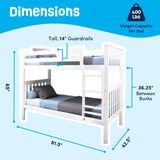 Max & Lily Bunk Bed Twin over Twin, Solid Wood Bunk Bed Frame with Ladder for Kids, 14" Safety Guardrails, Easy Assembly, No Box Spring Needed, White Max & Lily