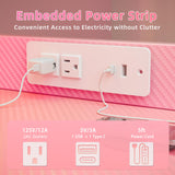 TIQLAB Gaming Desk 40 inch with Power Outlet and LED Light, Computer Desk with Reversible Shelves and Storage Drawer, Small PC Desk for Home Office Table with Bag, Carbon Fiber Pink TIQLAB