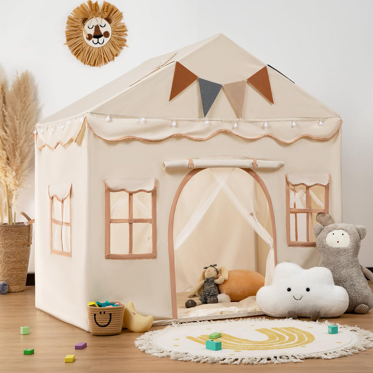 besrey Kids Tent, Kids Playhouse 2 in 1 with Padded Mat and String Lights, Large Play House with 2 Doors & 4 Windows, Kids Play Tent Indoor & Outdoor, Toddler Tent for Kids, 51" x35" x 51" besrey