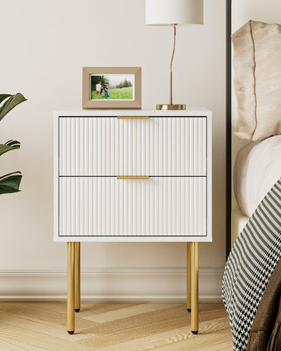 Aienvey Night Stand, Modern Nightstand with Drawers, Bedside Table, Gold Small Side Table for Bedroom, Living Room End Table (2 Drawers, White Stripe)