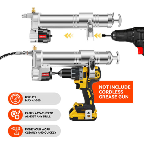 TOKKOT Electric Grease Gun Drill Adapter for De-Walt/Milwake Cordless Drill Driver –14 OZ Capacity, 12" Flexible Hose,Locking Grease Gun Coupler & Steel Pipe – DIY & Professional Lubrication Tool TOKKOT