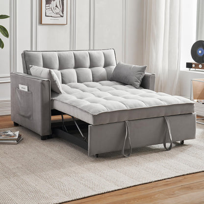 FENFSHE Futon Sofa Bed, Modern Velvet 3 in 1 Sleeper Sofa Couch Bed, Pullout Couch Bed with Adjustable Backrest, Storage Pockets and Toss Pillows for Living Room, Bedroom (Grey)