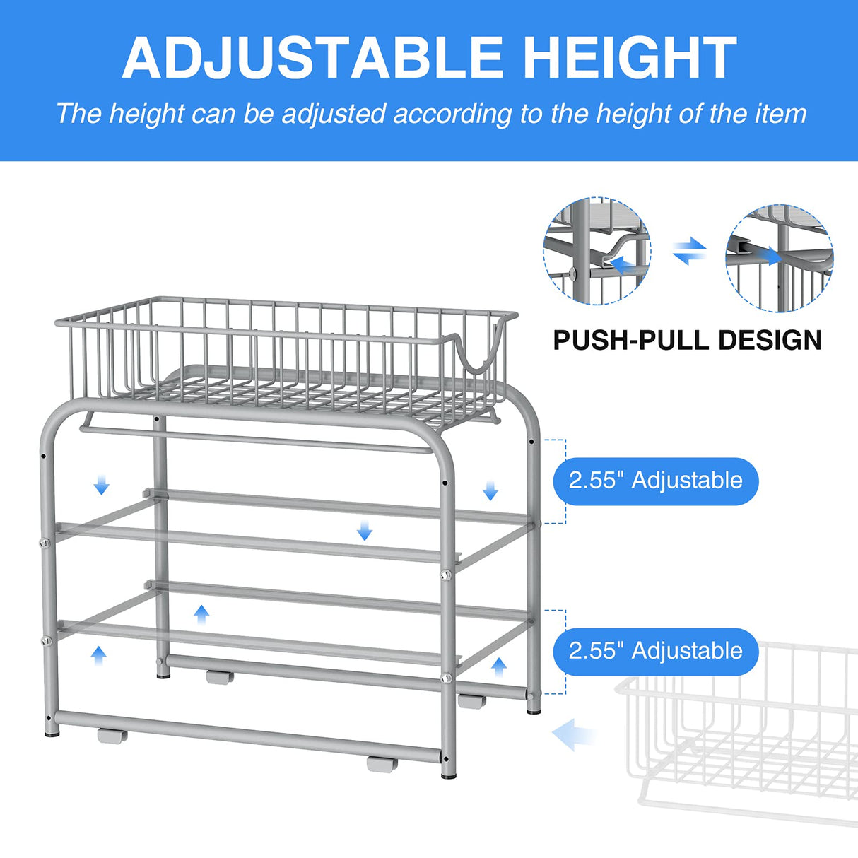 AIYAKA under sink storage 2 Tier Stackable Sliding Basket Organizer Drawer For Kitchen And Bathroom/Cabinet Drawers,silver AIYAKA
