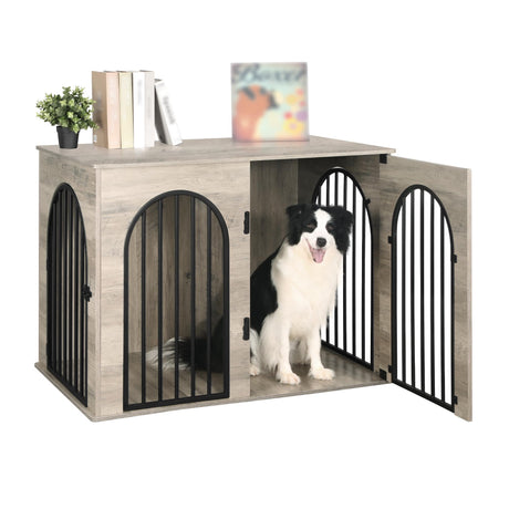 Hzuaneri 44.1" Dog Crate Furniture, Dog Kennel Indoor Arched Door Design, Wooden Dog Crate Furniture for Small/Medium/Large Dog, Side Table, TV Stand, Anti-Chew, Anti-Escape, Greige Black Hzuaneri