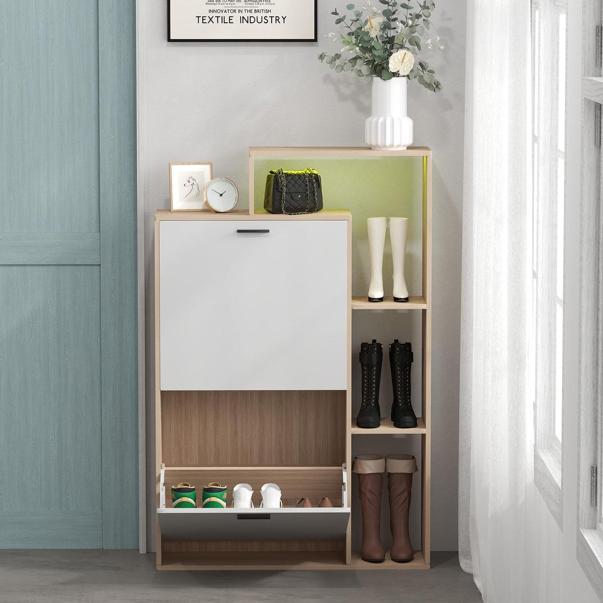 Bonzy Home Shoe Cabinet with 2 Flip Drawers, Modern Hidden Shoe Storage with LED Light, Freestanding Shoe Organizer Cabinet for Entryway, Hallway, Oak & White Bonzy Home