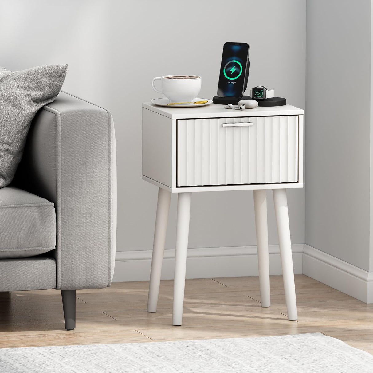 LAATOOREE Nightstands Set of 2, Small Side Table, Bedside Table with Fluted Door, Solid Wood Feet; Modern Mid-Century End Table for Bedroom, Small Space (White) LAATOOREE