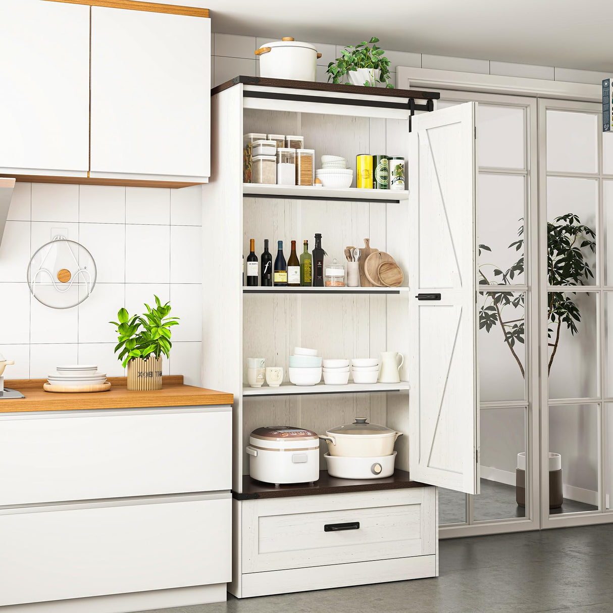 Hlivelood 72" Tall Storage Cabinet with Barn Doors & Drawer, Pantry Cabinet with Adjustable Shelves, Rustic Wood Cupboard for Kitchen, Dining Room, Living Room, White Hlivelood